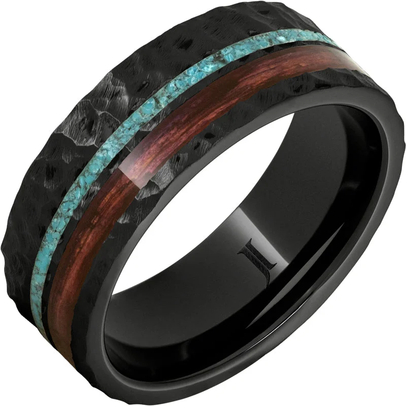 Iridescent opal gemstone rings with color shift -Barrel Aged™ Black Diamond Ceramic™ Ring with Cabernet and Turquoise Inlays and Moon Crater Carving