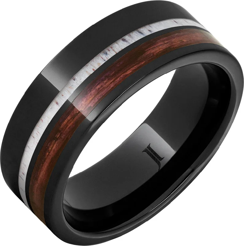 Serene sapphire gemstone rings blending calm blue beauty -Barrel Aged™ Black Diamond Ceramic™ Ring with Cabernet Wood and Deer Antler Inlays