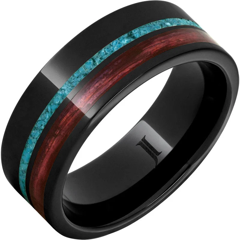 Intense ruby gemstone rings with passionate red depth -Barrel Aged™ Black Diamond Ceramic™ Ring with Cabernet Wood and Turquoise Inlays