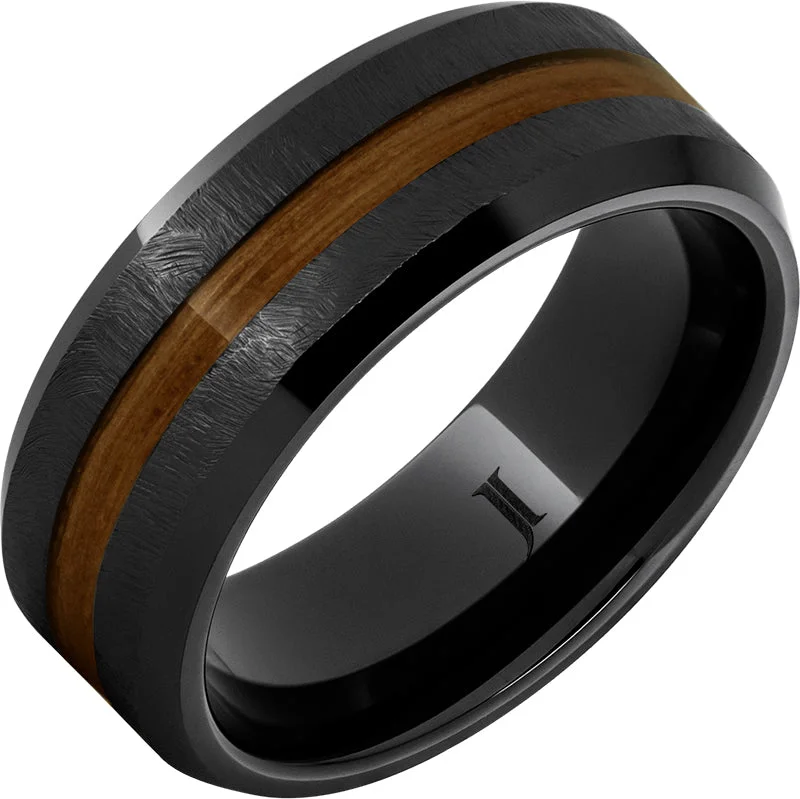 Shimmering opal gemstone rings reflecting rainbow light daily -Barrel Aged™ Black Diamond Ceramic™ Ring with Rye Whiskey Wood Inlay