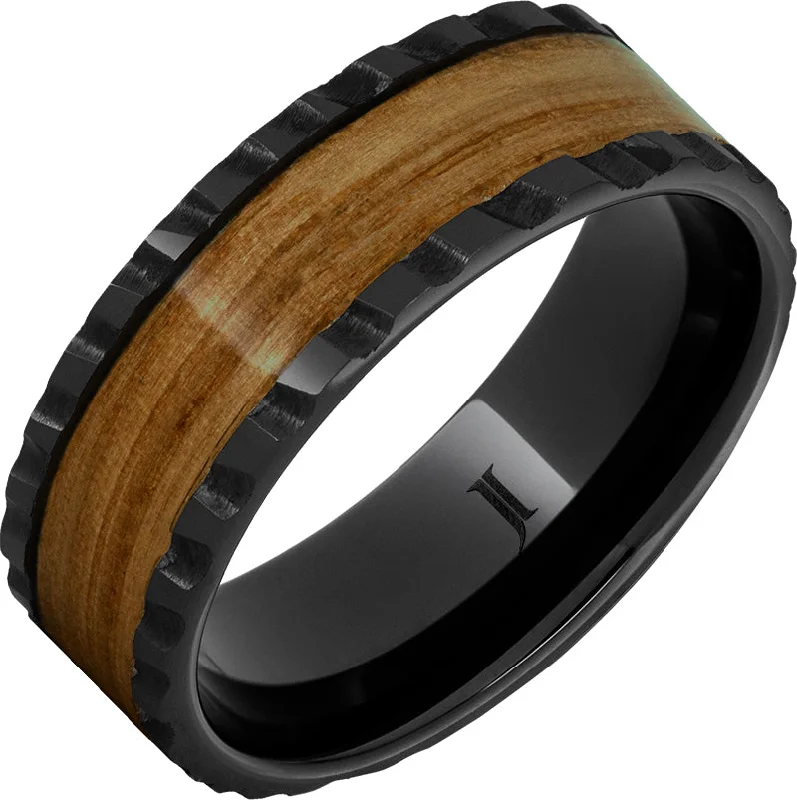 Lustrous pearl gemstone rings enhancing simple sophistication -Barrel Aged™ Black Diamond Ceramic™ Ring with Single Malt Scotch Wood Inlay