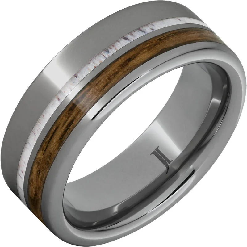 Steady sapphire gemstone rings with calm blue depth -Barrel Aged™ Rugged Tungsten™ Ring with Bourbon Wood and Deer Antler Inlays