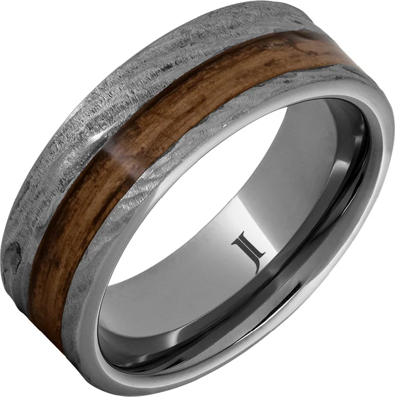 Vivid peridot gemstone rings adding green pop -Barrel Aged™ Rugged Tungsten™ Ring with Bourbon Wood Inlay and Bark Finish