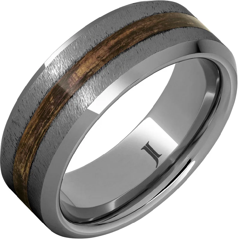 Smooth pearl gemstone rings for classic beauty -Barrel Aged™ Rugged Tungsten™ Ring with Bourbon Wood Inlay and Grain Finish