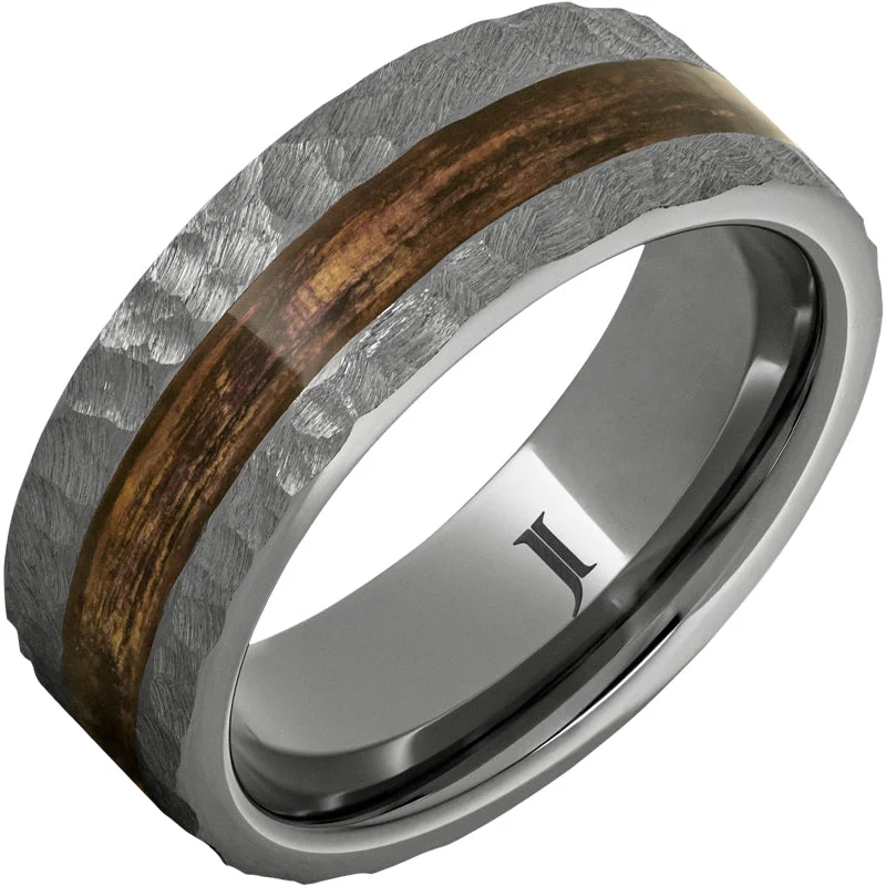 Cheerful citrine gemstone rings radiating sunny charm -Barrel Aged™ Rugged Tungsten™ Ring with Bourbon Wood Inlay and Moon Crater Carving