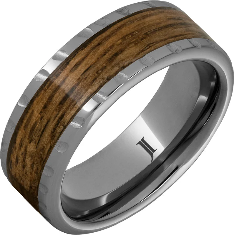 Magical moonstone gemstone rings glowing with mystery -Barrel Aged™ Rugged Tungsten™ Ring with Bourbon Wood Inlay and Scored Edge