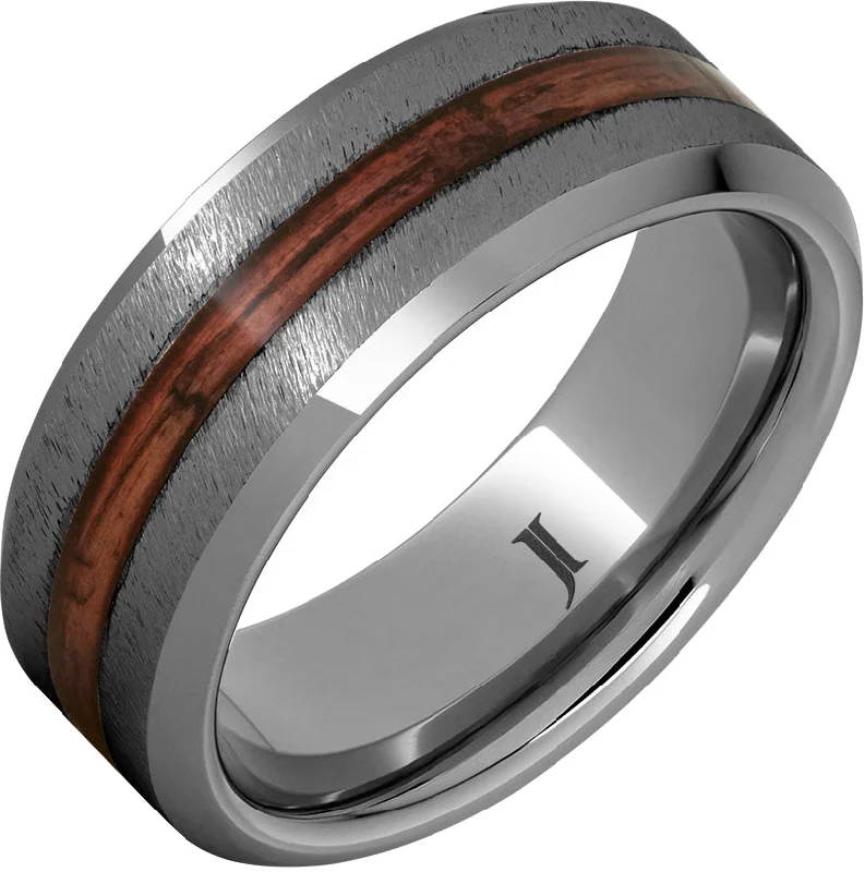 Enigmatic moonstone gemstone rings for mystical allure -Barrel Aged™ Rugged Tungsten™ Ring with Cabernet Wood Inlay and Grain Finish