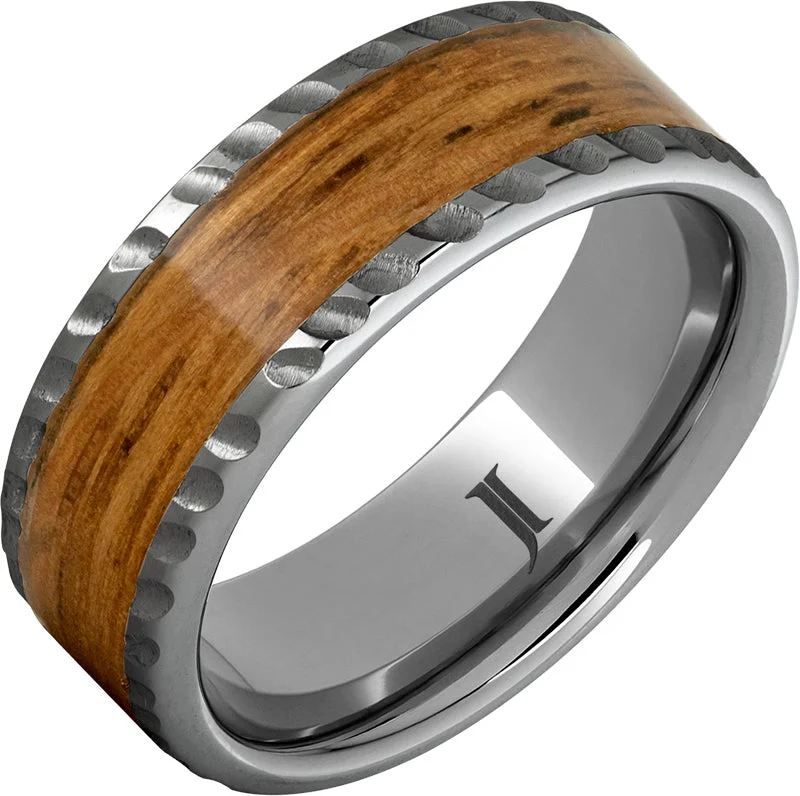 Cozy garnet gemstone rings warming up winter -Barrel Aged™ Rugged Tungsten™ Ring with Single Malt Scotch Wood Inlay