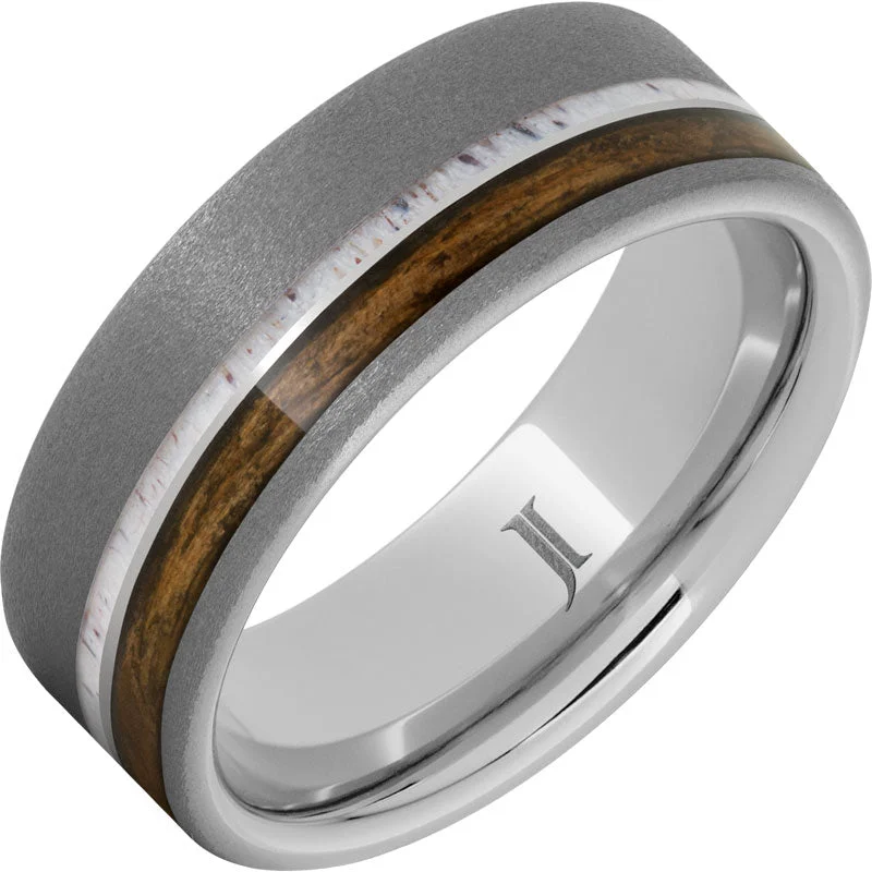 Cozy garnet gemstone rings warming up winter -Barrel Aged™ Serinium® Ring with Antler and Bourbon Wood Inlays and Sandblast Finish