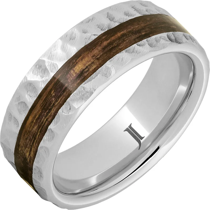 Steady sapphire gemstone rings with calm blue depth -Barrel Aged™ Serinium® Ring with Bourbon Wood Inlay and Moon Crater Carving