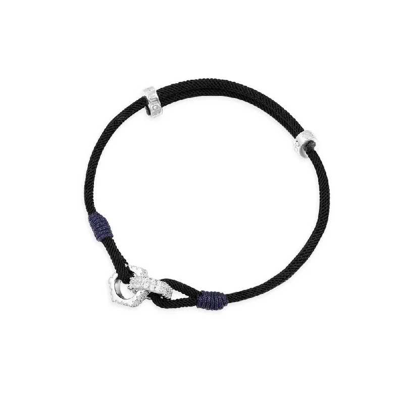 Radiant quartz bangles amplifying light and style -Black adjustable nylon bracelet with intertwined rings - silver