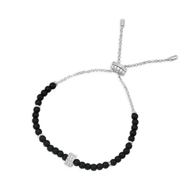 Dreamy opalite bracelets with translucent milky shine -Black agate adjustable bracelet - silver