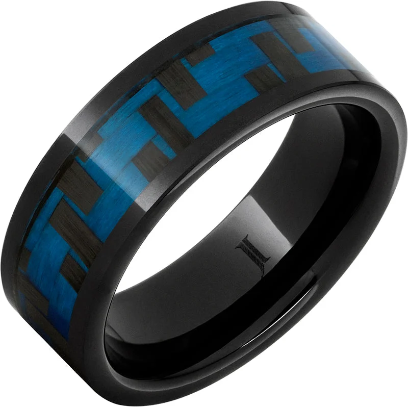 Gentle aquamarine gemstone rings with pale blue -Black Diamond Ceramic™ Blue Carbon Fiber Inlay Ring