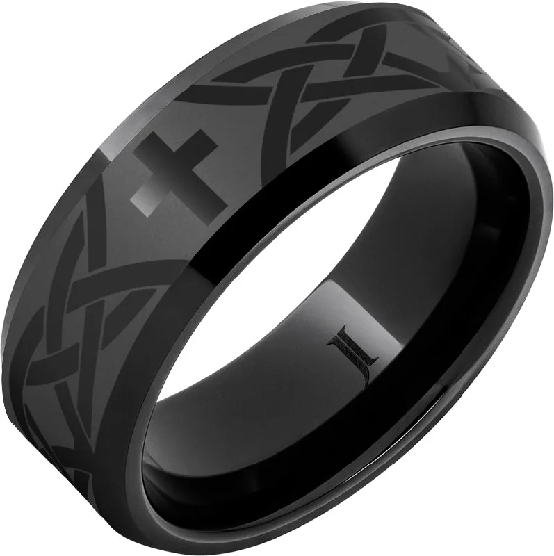 Rugged turquoise gemstone rings for adventurous souls -Black Diamond Ceramic™ Christian Cross and Knot Beveled Ring