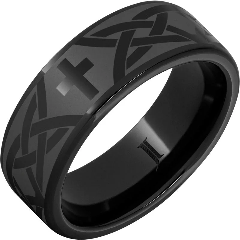 Shimmering opal gemstone rings with light dance -Black Diamond Ceramic™ Christian Cross and Knot Ring