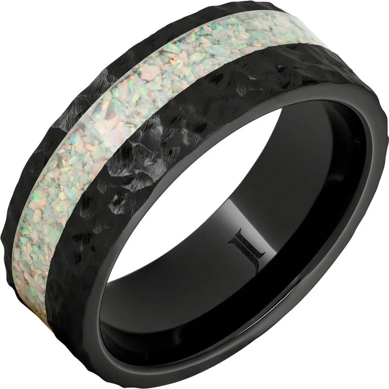 Mystical moonstone gemstone rings with glowing allure -Black Diamond Ceramic™ Opal Inlay Ring with Hand Carved Surface