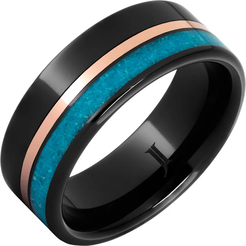 Soft aquamarine gemstone rings with sea charm -Black Diamond Ceramic™ Ring With 14K Rose Gold and Turquoise Inlays