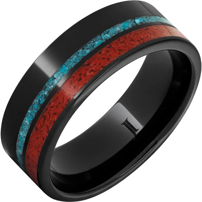 Classic pearl gemstone rings for white grace -Black Diamond Ceramic™ Ring with Coral and Turquoise Inlays