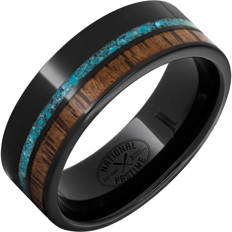 Raw turquoise gemstone rings with earthy vibes -Black Diamond Ceramic™ Ring with Hickory Vintage Baseball Bat Wood and Turquoise Inlays