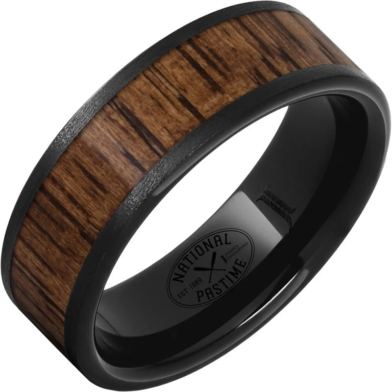 Serene sapphire gemstone rings for blue calm -Black Diamond Ceramic™ Ring with Hickory Vintage Baseball Bat Wood Inlay and Stone Finish