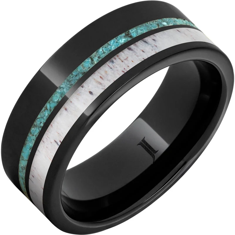 Natural turquoise gemstone rings with stone texture -Black Diamond Ceramic™ Ring with Turquoise and Antler Inlays