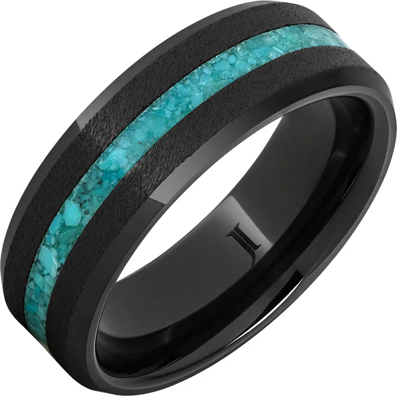 Breezy aquamarine gemstone rings with blue serenity -Black Diamond Ceramic™ Ring with Turquoise Inlay and Grain Finish