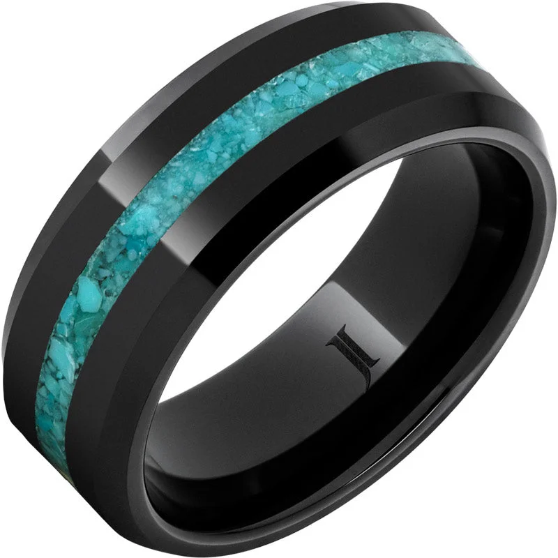 Clear topaz gemstone rings for cool elegance -Black Diamond Ceramic™ Ring with Turquoise Inlay