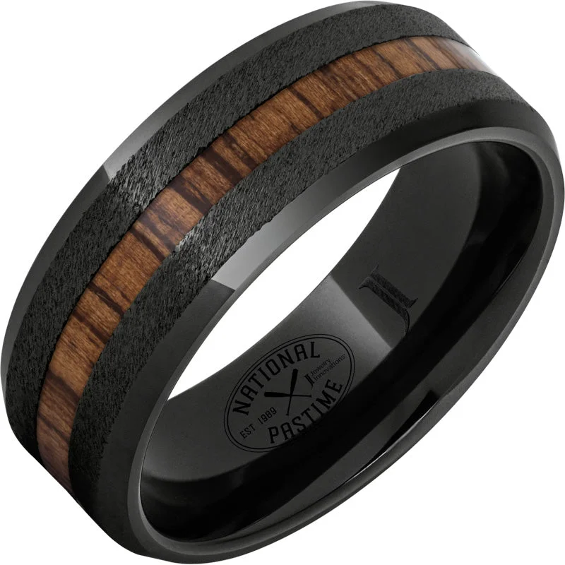 Lavish emerald gemstone rings for extravagant style -Black Diamond Ceramic™ Ring with Vintage Hickory Baseball Bat Wood Inlay and Grain Finish