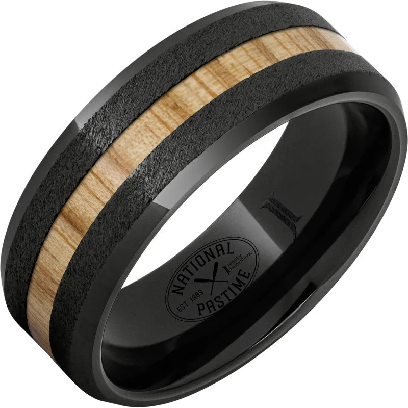 Dynamic ruby gemstone rings with red intensity -Black Diamond Ceramic™ Ring with Vintage White Ash Baseball Bat Wood Inlay and Grain Finish