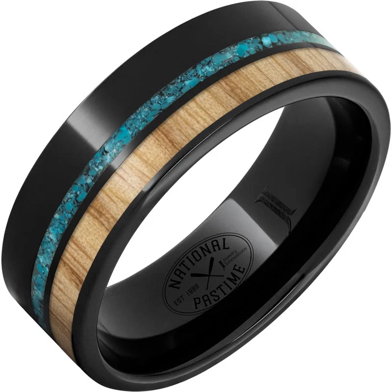 Stunning diamond gemstone rings for love’s shine -Black Diamond Ceramic™ Ring with White Ash Vintage Baseball Bat Wood and Turquoise Inlays