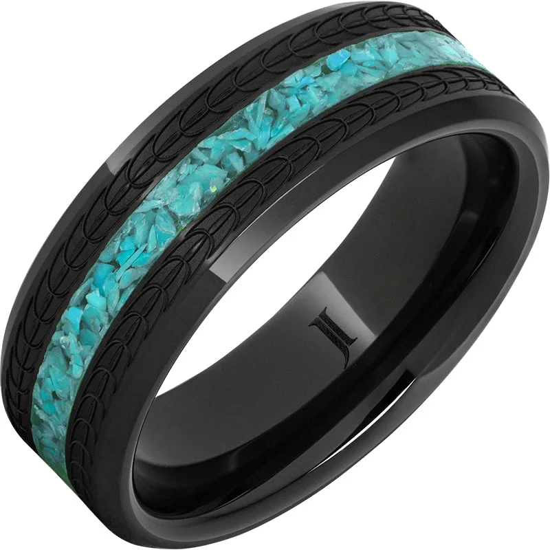 Bold emerald gemstone rings for green statements -Black Diamond Ceramic ™Turquoise Ring with Eagle Feather Engraving