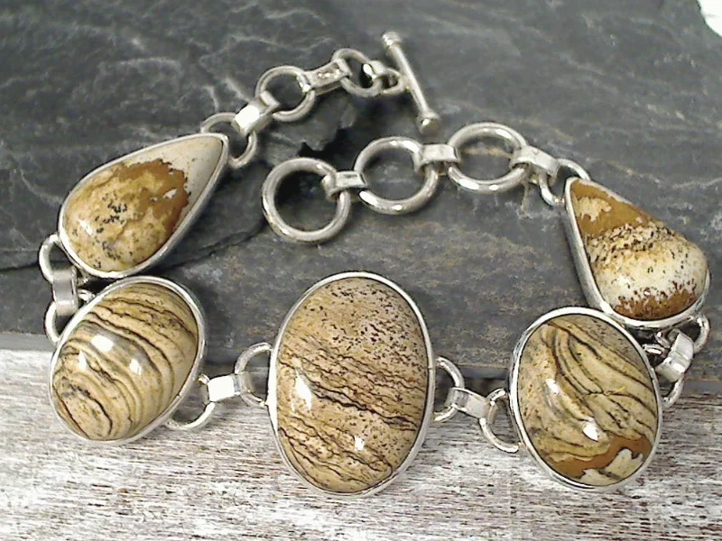 Durable steel bangles for tough everyday wear -7" - 8" Picture Jasper, Sterling Silver Bracelet