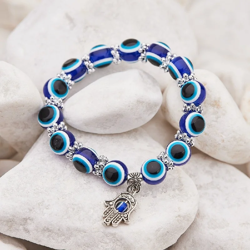 Delicate wire bracelets for handmade subtle charm -Blue Hamsa Hand Evil Eye Bracelet