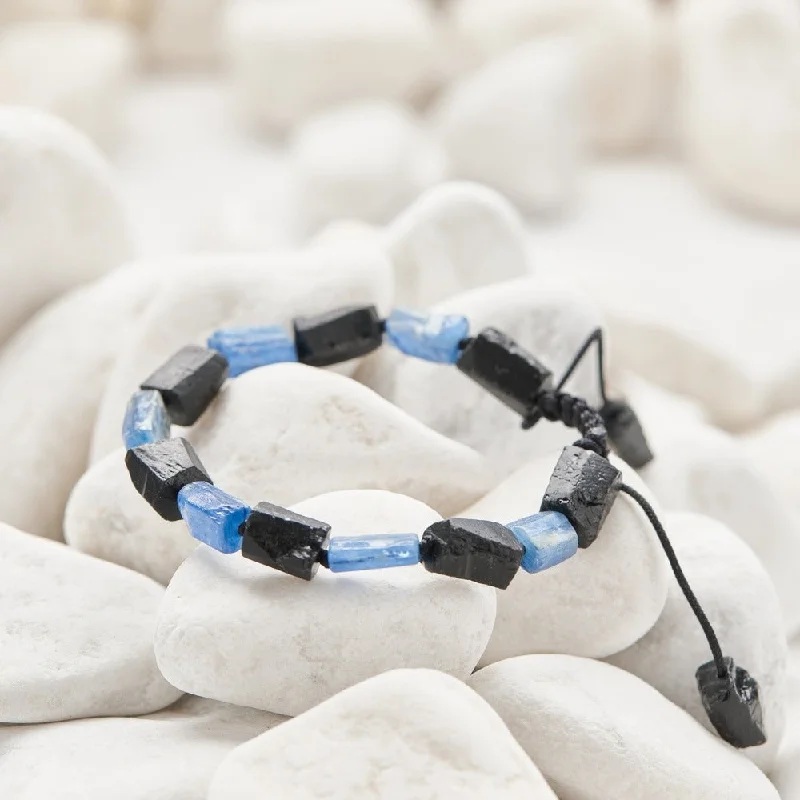 Organic shell bangles evoking coastal wrist charm -Blue Kyanite and Black Tourmaline Stone Bracelet