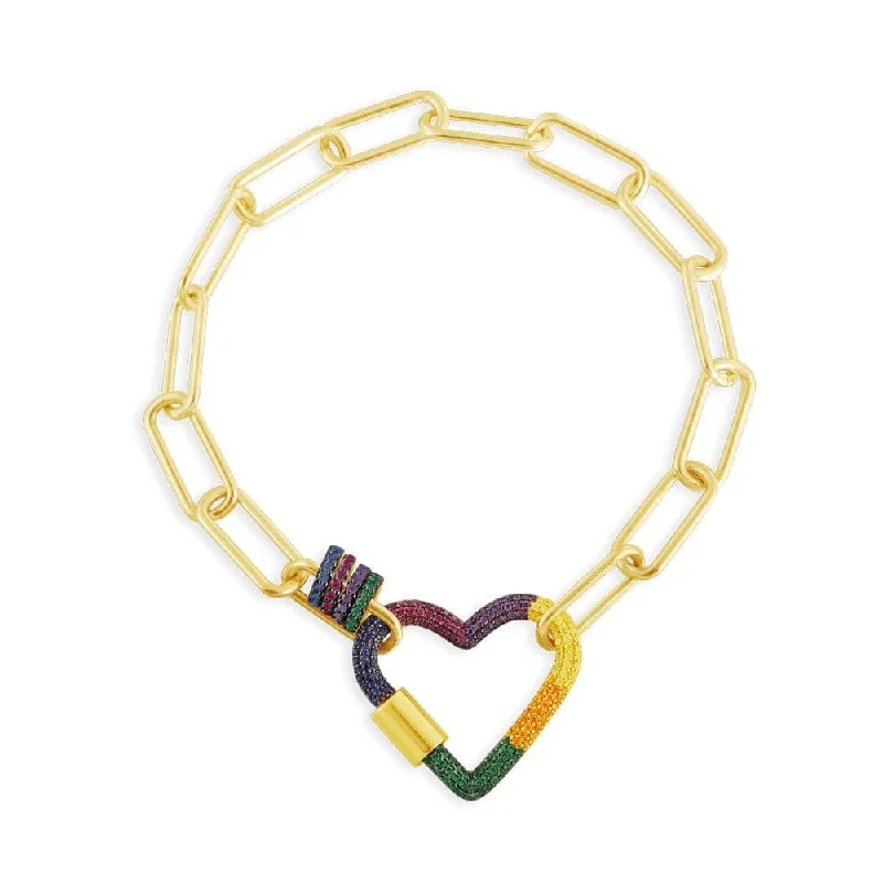 Vintage silver bangles with intricate engraved patterns -Chain Bracelet with Rainbow Heart - Yellow Silver