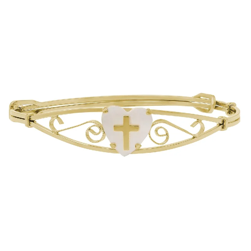 Polished brass bangles offering vintage golden charm -Childrens Heart and Cross Bracelet with Mother of Pearl in Gold Filled