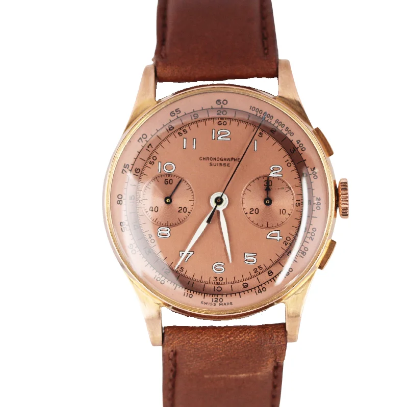 Elegant men's watches with round dials and genuine leather straps for timeless style and comfort -Vintage Suisse Chronograph 18k Yellow Gold Salmon Dial 36mm Brown Leather Watch