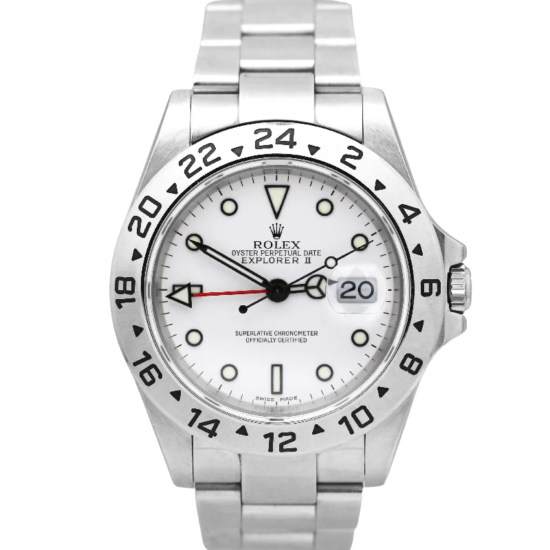 Men's watches with sleek black dials and contrasting white markers for a minimalist style -UNPOLISHED Rolex Explorer II Polar White NO-HOLES GMT Date Watch 40mm 16570