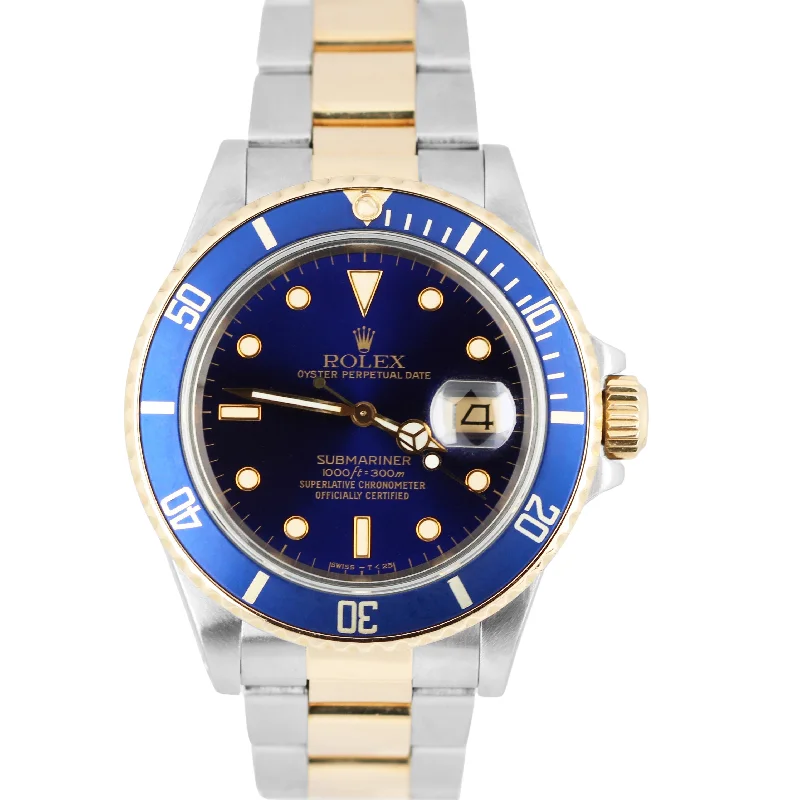 Men's dress watches with thin profiles and classic designs for formal occasions and events -Rolex Submariner Date Two-Tone 18k Gold Stainless Steel Blue 40mm 16803 Watch