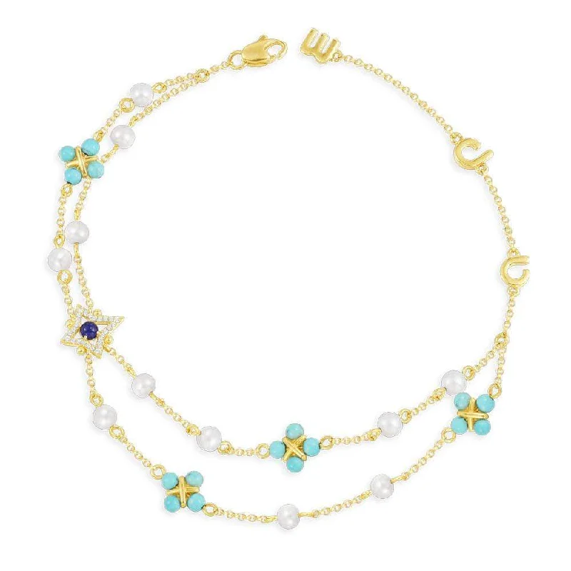 Shimmering herkimer bracelets mimicking diamond clarity -Dainty Pearl & Blue Stone Bracelet - Yellow Silver