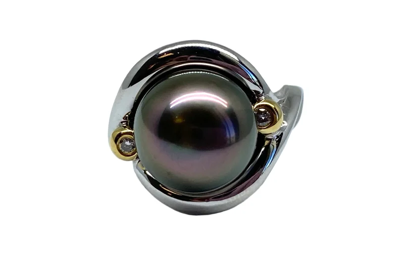 Mystical moonstone gemstone rings for ethereal pastel glow -Denny Wong 11 mm Tahitian Pearl & Diamond Ring in 18k TT Gold