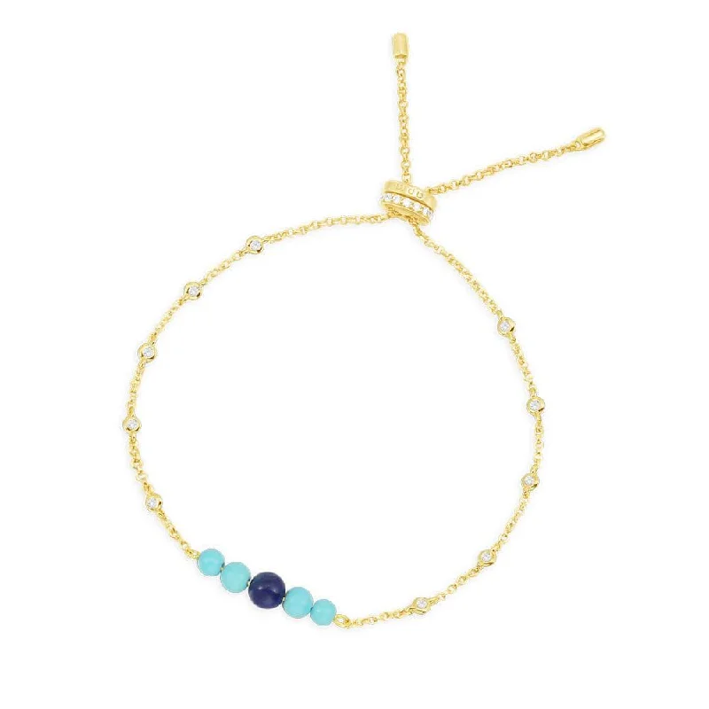 Organic hemp bangles for natural texture lovers -Dainty Blue Stone Adjustable Bracelet - Yellow Silver