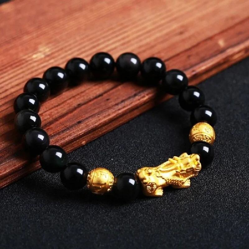 Vintage-inspired bracelets with floral engraved details -Feng Shui Black Obsidian Bracelet