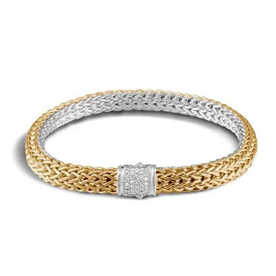 Vintage-inspired bracelets with floral engraved details -John Hardy Icon Diamond Reversible Bracelet in Sterling Silver and 18kt Yellow Gold (6.5mm)