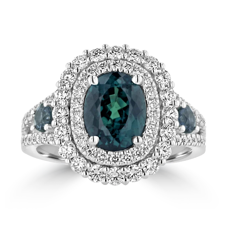 Brilliant diamond gemstone rings for unforgettable moments -JULEVE 18K WHITE GOLD 2.40 CT ALEXANDRITE, COLOR CHANGING GARNET, & DIAMOND HALO RING