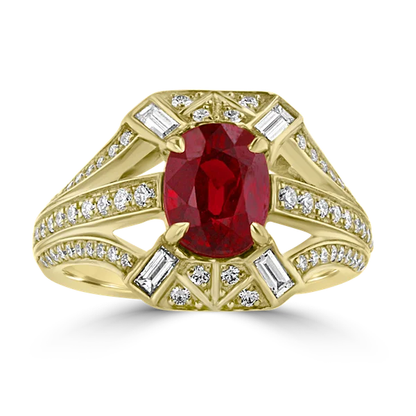 Calm aquamarine gemstone rings with ocean-inspired hues -JULEVE 18KT YELLOW GOLD 2.49CT RUBY & 0.65CT DIAMOND HALO RING