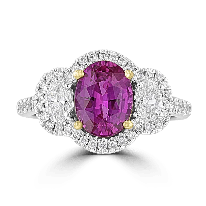 Dynamic ruby gemstone rings with red intensity -JULEVE 18KT 2.01 CT MAGENTA SAPPHIRE & .73 CTW DIAMOND 3 STONE HALO RING