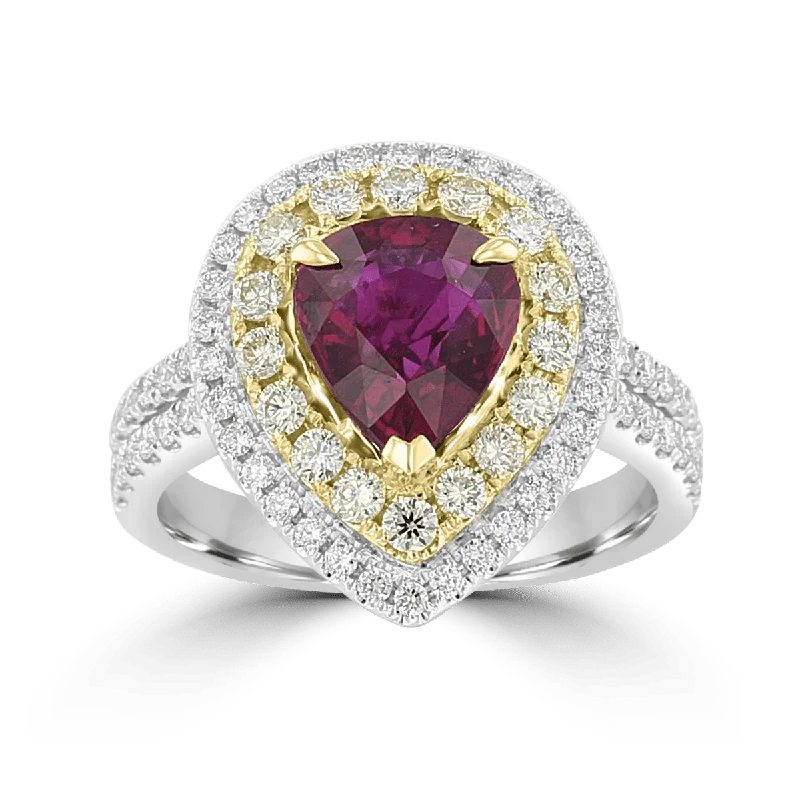 Cool sapphire gemstone rings offering blue serenity -JULEVE 18KT 2.38 CTW RUBY & .99 CTW DIAMOND DOUBLE PEAR HALO RING