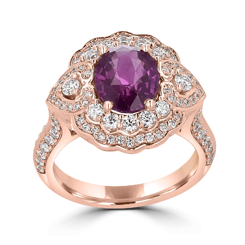 Luxurious diamond gemstone rings paired with gold bands -JULEVE 18KT 3.24 CT SAPPHIRE & 1.02 CTW DIAMOND SCALLOPED HALO RING