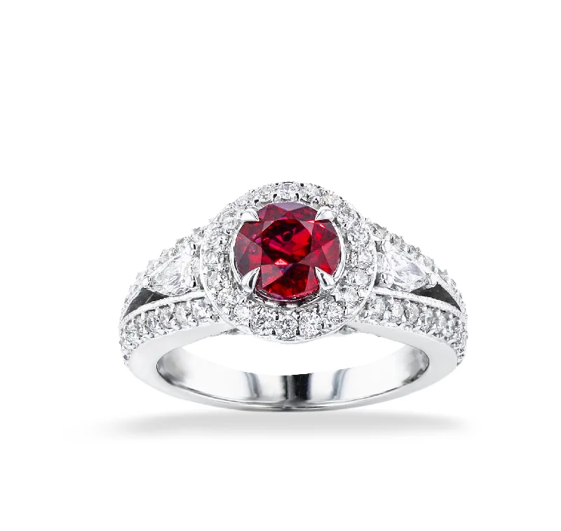 Opulent emerald gemstone rings for luxurious bold looks -JULEVE 18KT WHITE GOLD 1.52CT RUBY & 0.96CTW DIAMOND HALO RING